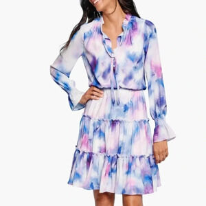 ELLEN TRACY DRESS BLUE & PURPLE PASTELS BOHEMIAN RUFFLES  LONG SLEEVES SIZE XS
